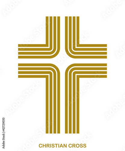 Christian cross modern linear style vector symbol isolated on white, faith and belief contemporary crucifix sign of Jesus Christ stripy graphic design.