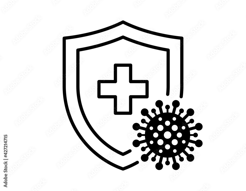 Obraz premium Immune system concept. Hygienic medical black linear shield protecting from coronavirus COVID-19 icon. Human immunity sign. Corona virus 2019-ncov defense symbol vector isolated illustration