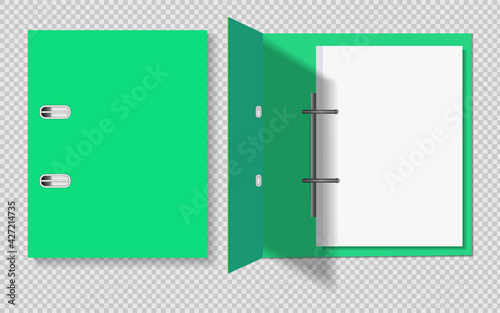 Realistic green folder for papers. Closed and open with a sheet of papers, on a transparent background