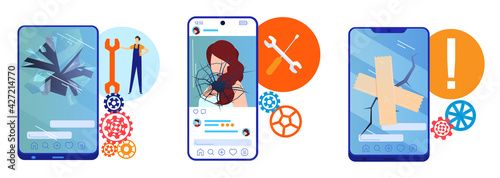 Cracked phone, breaking constantly, fixing bug, fixing problem, modern technology, design, flat style vector illustration.
