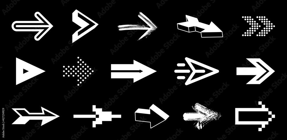 Diverse arrow cursors vector set, different shapes styles and concepts arrows single color monochrome graphic design elements for icons or logos. Diverse arrow cursors vector set, different shapes styles and concepts arrows single color monochrome graphic design elements for icons or logos.