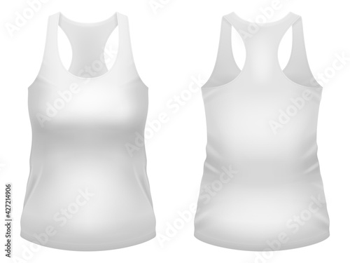 Blank white tank top template. Front and back views. Vector illustration.