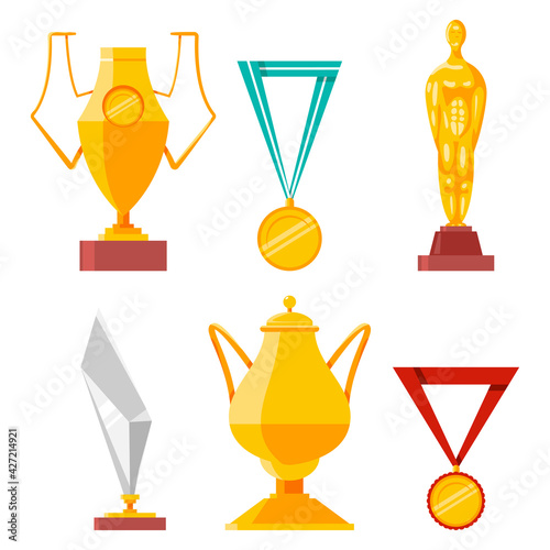 Trophies, medals, cups and awards vector cartoon set isolated on a white background.