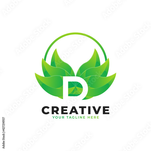 Nature Green Leaf Letter D Logo with Circle. monogram logo. Green Leaves Alphabet Icon. Usable for Business, Science, Healthcare, Medical and Nature Logos.Flat Vector Logo Desgn Template Element. 
