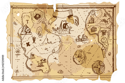 Treasure map vector cartoon hand drawn illustration.
