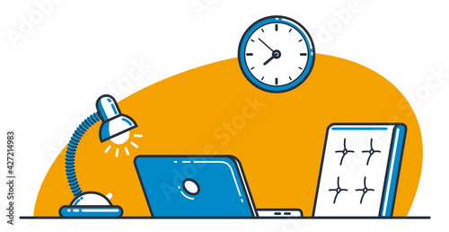 Place of work office table desk vector flat illustration isolated over white, work from home comfortable work space concept, empty chair nobody vacant job concept.
