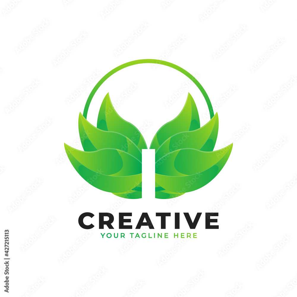 Nature Green Leaf Letter I Logo with Circle. monogram logo. Green Leaves Alphabet Icon. Usable for Business, Science, Healthcare, Medical and Nature Logos.Flat Vector Logo Desgn Template Element. 
