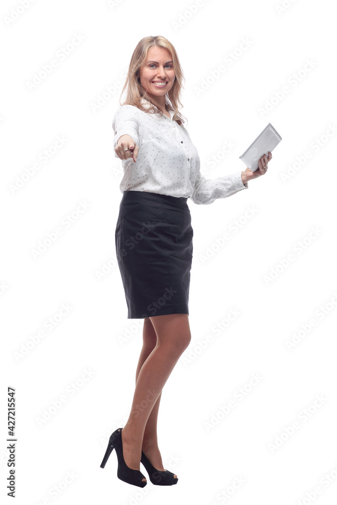 smiling business woman with digital tablet looking at you. smiling business woman with digital tablet looking at you.