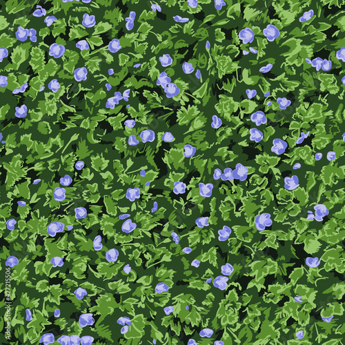 Vector seamless pattern with hand-drawn small blue flowers and green leaves, doodle floral pattern, artistic backdrop.