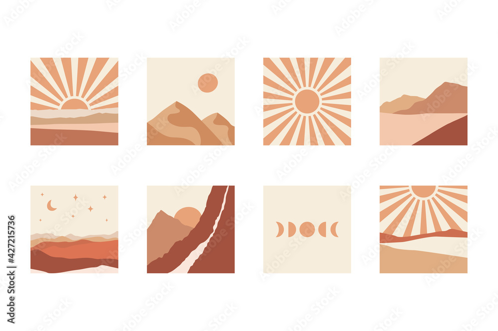 Abstract boho landscapes collection. Mountains, sun, moon, sunset, desert, hills minimalist design.