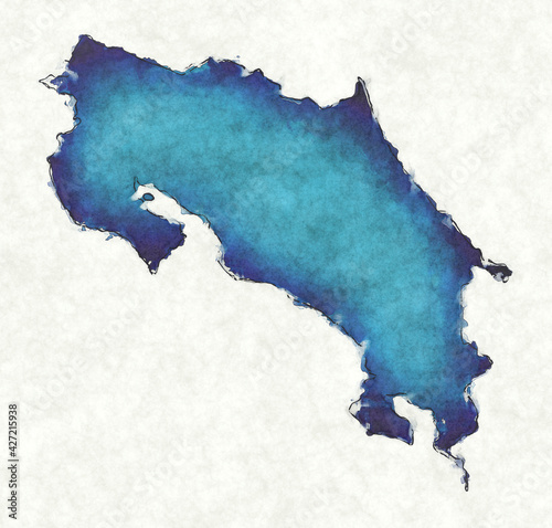 Costa Rica map with drawn lines and blue watercolor illustration