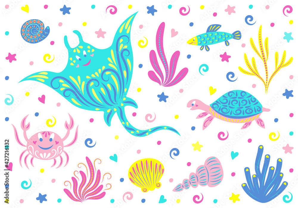 Fototapeta premium Underwater world. Set of sea animals: stingray, crab, turtle, shells, fish, seaweed and starfish. Children vector illustration.