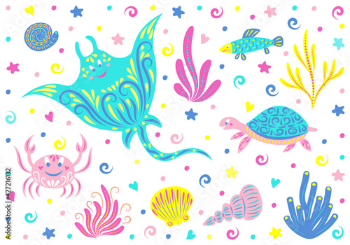 Underwater world. Set of sea animals: stingray, crab, turtle, shells, fish, seaweed and starfish. Children vector illustration.