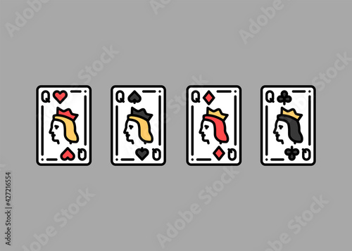 4 queen playing cards olor line icon set. Gambling. Pictograms for web page, mobile app, promo.
