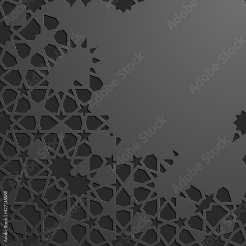 Black islamic pattern geometric background. Ramadan kareem oriental style vector illustration. Ramadhan mubarak vector pattern. Arabic ornament illustration. EPS10.