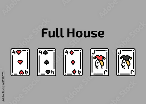 Combination full house playing cards olor line icon set. Gambling. Pictograms for web page, mobile app, promo.