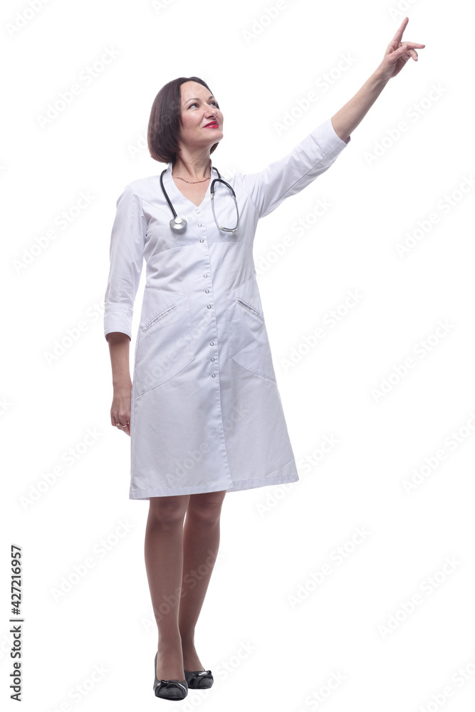 female doctor pointing at a white screen . isolated on a white background. female doctor pointing at a white screen . isolated on a white background.