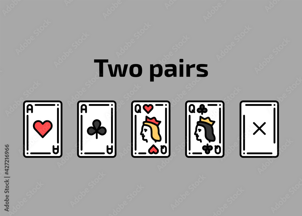Combination two pairs playing cards olor line icon set. Gambling. Pictograms for web page, mobile app, promo.