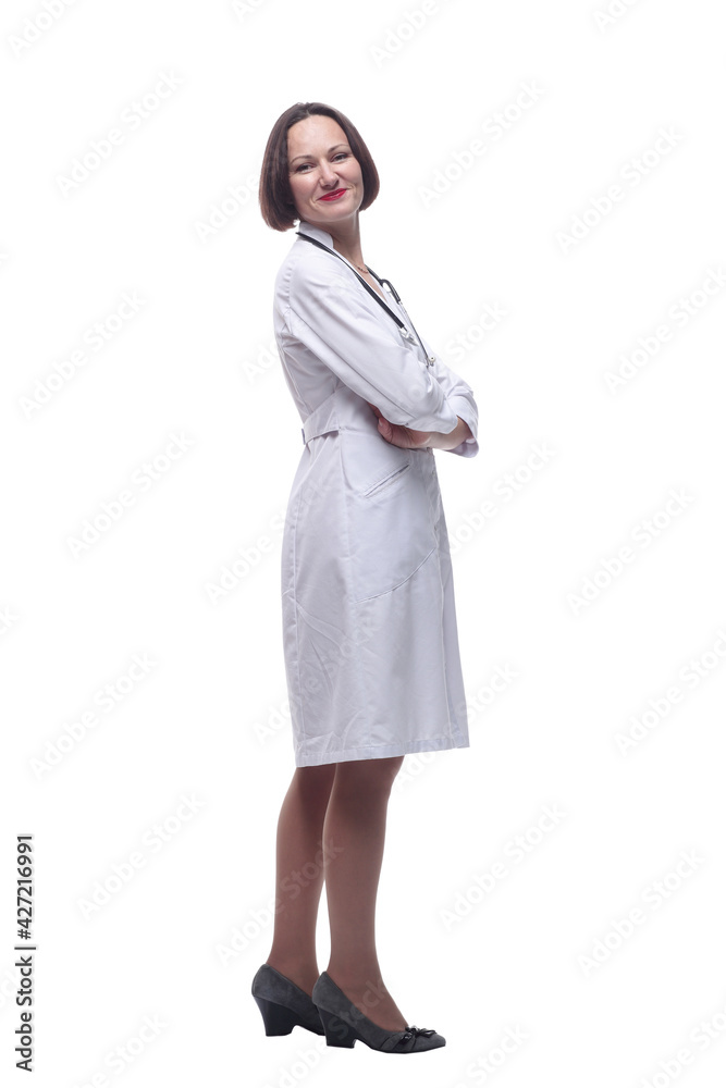 side view. confident woman doctor looking at you . side view. confident woman doctor looking at you .
