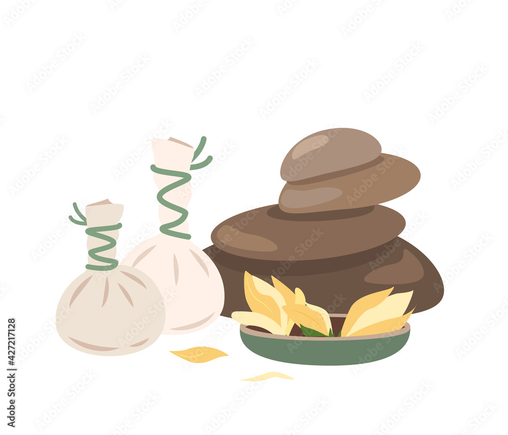 Composition of Hot Stones,Herbal Pouches, Bags and aroma fragrant Champaka Flowers for body massage, skin therapy and beauty treatment. Colored flat vector illustration isolated on white background Composition of Hot Stones,Herbal Pouches, Bags and aroma fragrant Champaka Flowers for body massage, skin therapy and beauty treatment. Colored flat vector illustration isolated on white background