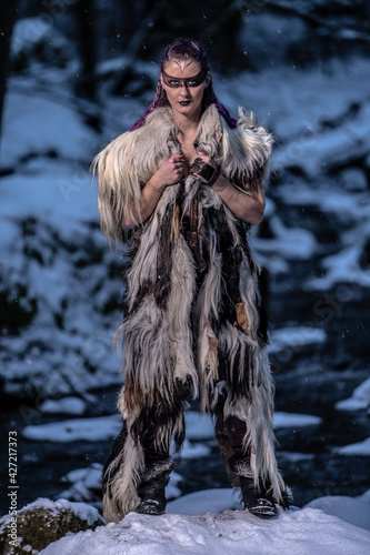 viking girl with leather fur clothes