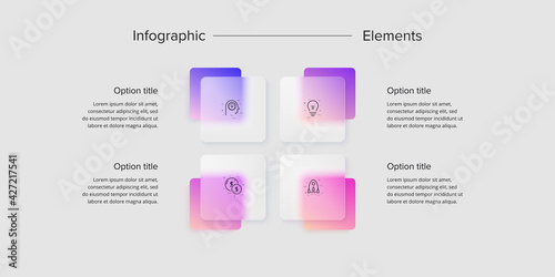 Business process chart infographics with 4 step squares. Corporate workflow graphic elements. Company flowchart presentation slide. Vector info graphic in glassmorphism design.