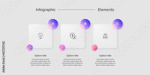Business process chart infographics with 3 step squares. Corporate workflow graphic elements. Company flowchart presentation slide. Vector info graphic in glassmorphism design.