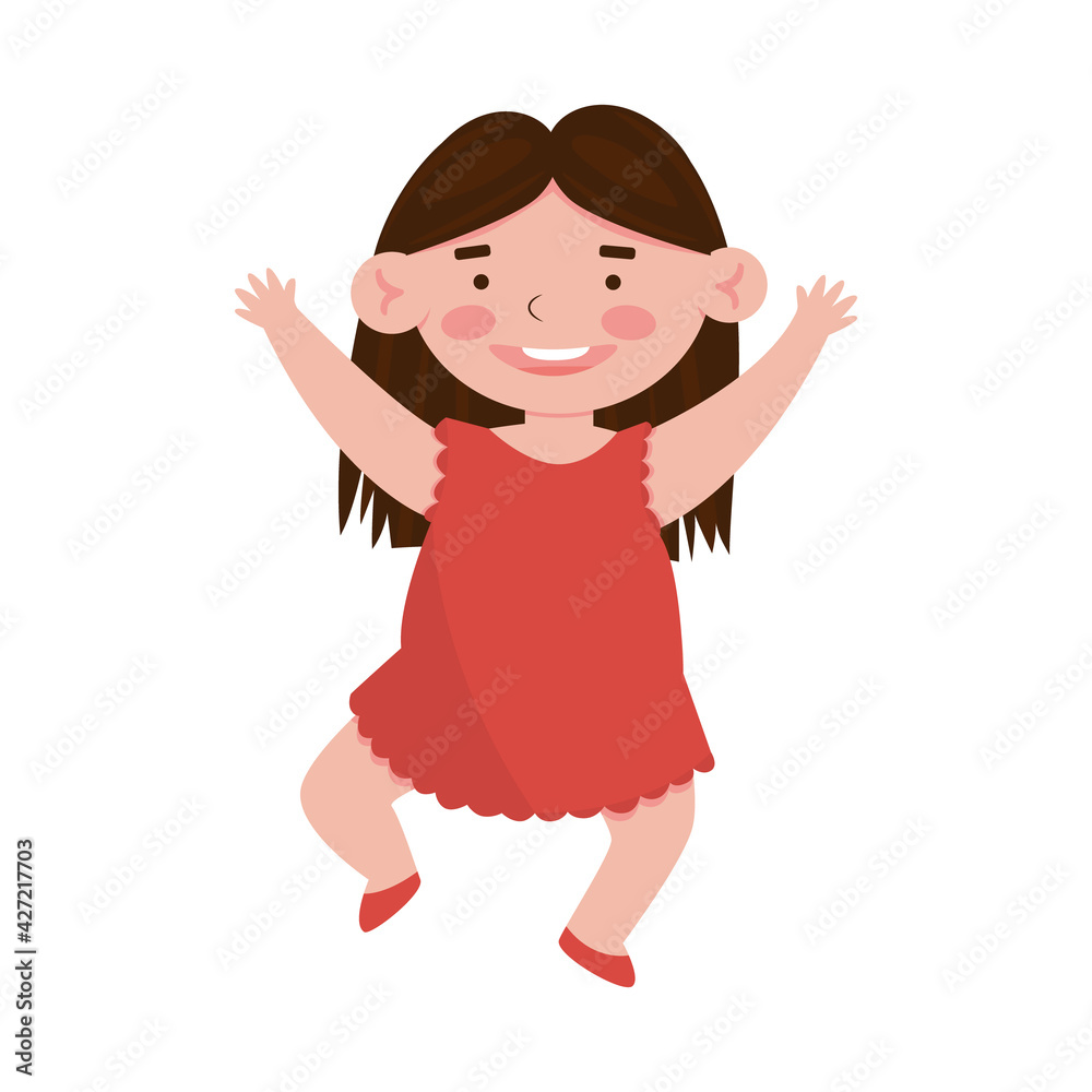 Cute little smiling girl in the red dress jumping. Cartoon vector illustration, isolated on a white Cute little smiling girl in the red dress jumping. Cartoon vector illustration, isolated on a white