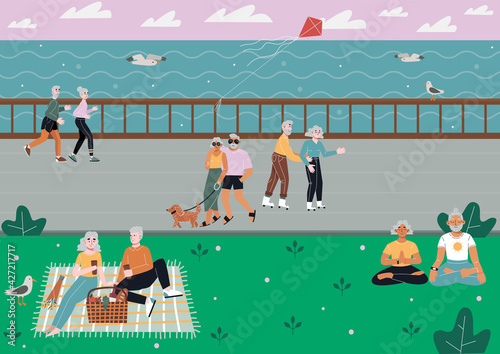 Elderly couples spend time activety on an embankment. Old couples are roller skating, walking with a dog, running, doing yoga, having a picnic. Flat vector illustration. photo