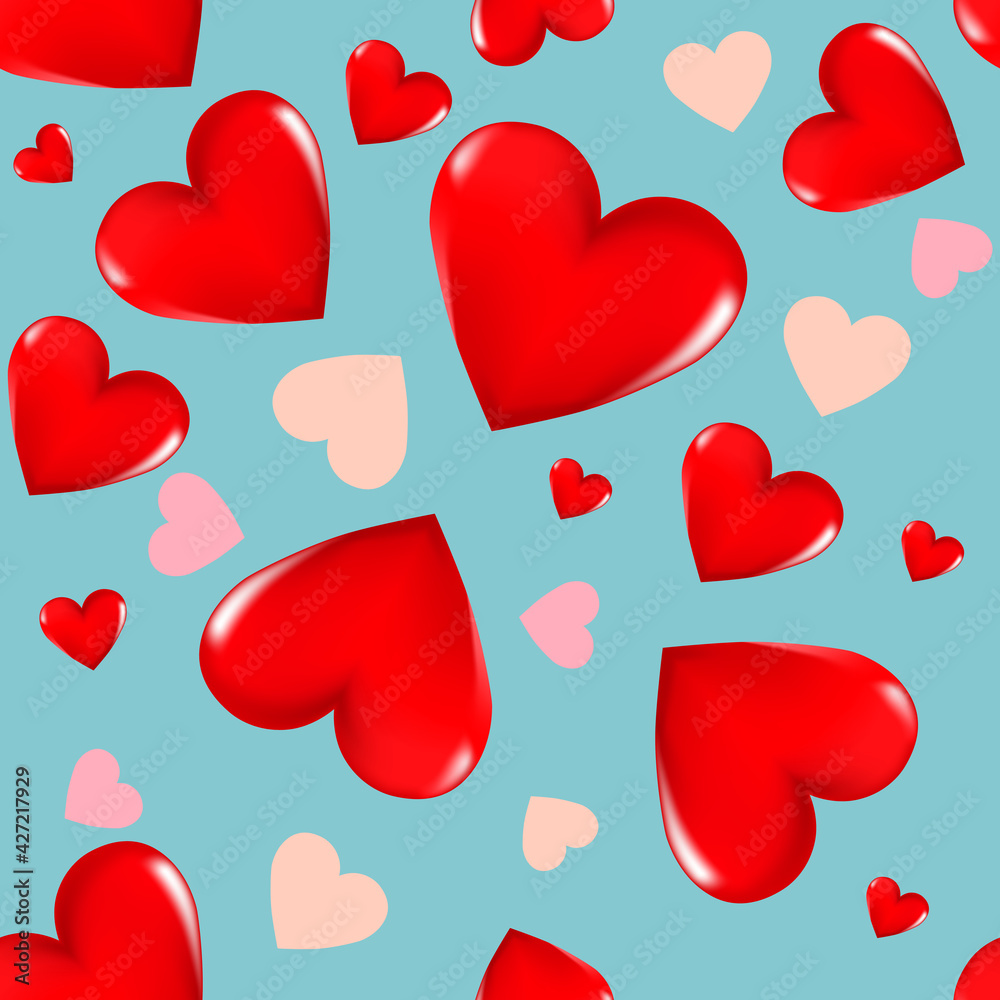 Red 3D hearts and pink hearts on a colored background. Seamless background. Stylish creative wallpaper Red 3D hearts and pink hearts on a colored background. Seamless background. Stylish creative wallpaper