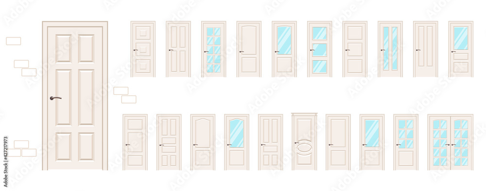 Large collection vector doors. Entrance doors and Interior doors in beige.