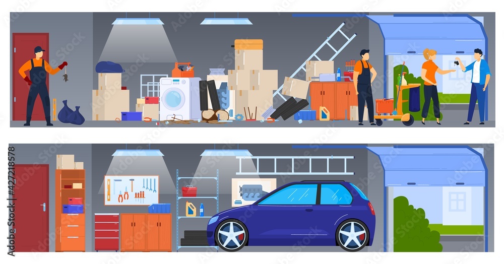 Garage cleaning, storage box, machine equipment, clean background, home interior, design, flat style vector illustration.