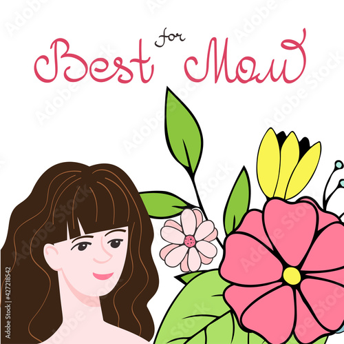 Mother s Day card template. Female character with a bouquet of flowers and lettering for the best mom. Vector illustration