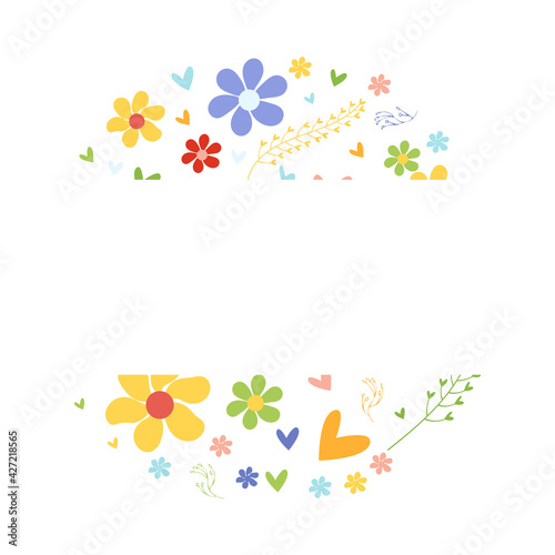 Floral frame made of hand drawn flowers and leaves. Cute vector illustration