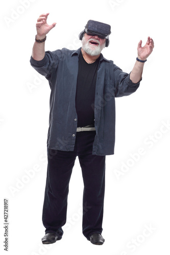 bearded man wearing virtual reality glasses . isolated on a white background.