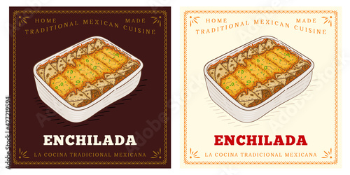 Baked enchilada with cheese in pot retro vintage illustration photo