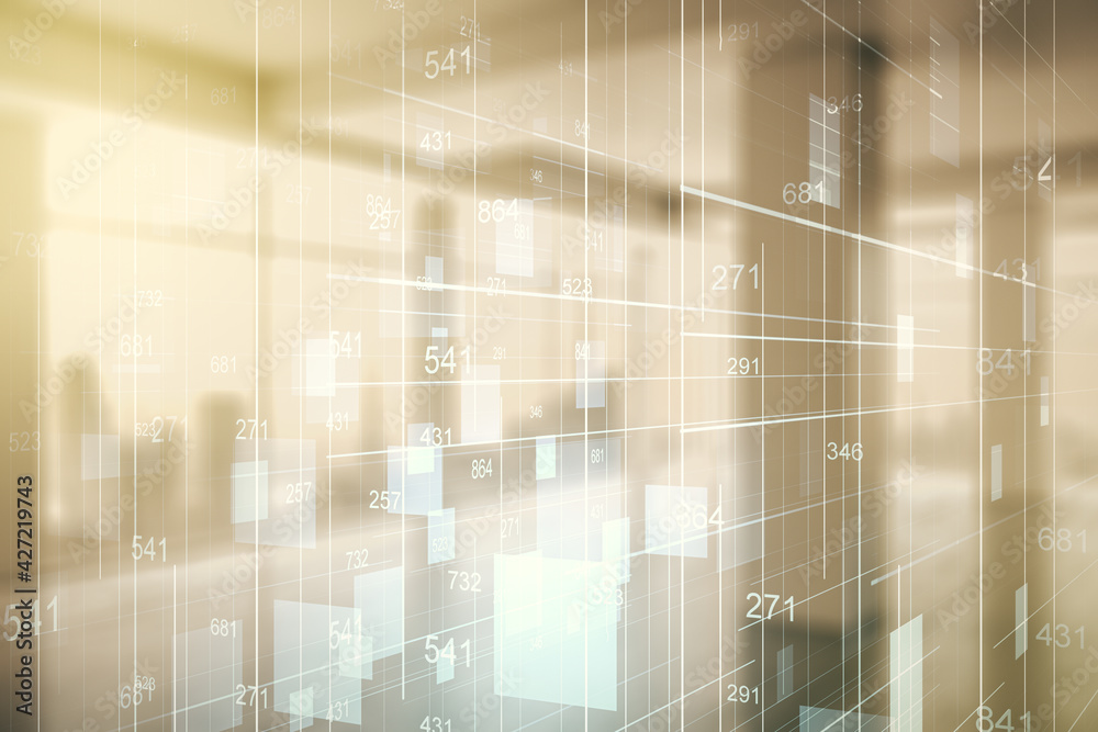 Multi exposure of stats data illustration on empty corporate office background, computing and analytics concept Multi exposure of stats data illustration on empty corporate office background, computing and analytics concept