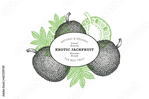 Hand drawn sketch style jackfruit banner. Organic fresh fruit vector illustration. Retro breadfruit design template