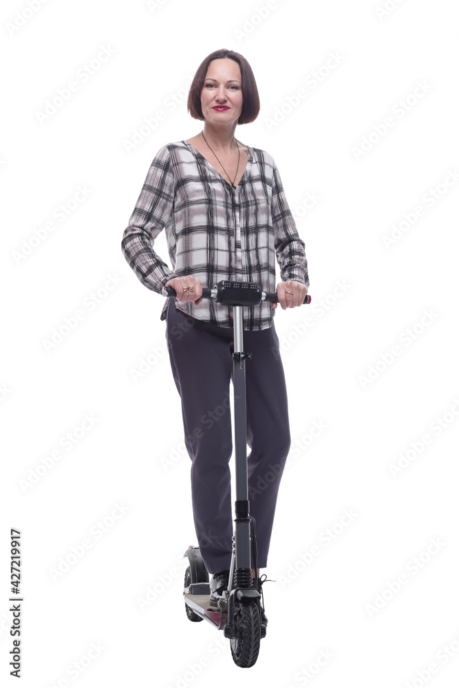 confident mature woman with electric scooter showing thumbs up. confident mature woman with electric scooter showing thumbs up.