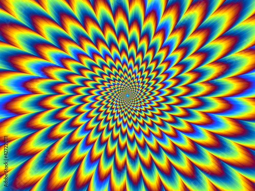 Pulsing fiery flower with blue spirals. Optical illusion of movement.