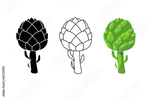 Artichoke set. Green, black, outline. Healthy vegetable