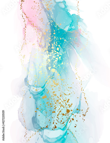 Turquoise ink pouring art, epoxy resin art pink blue with gold flow, home decor poster in vector . Abstract background wallapper