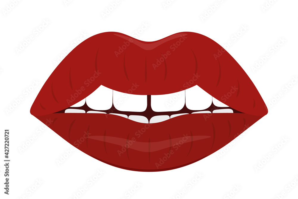 Plump lips. The seductive mouth is slightly open. Colored vector illustration. Flat style. An even row of white teeth with a chink in the middle. Luscious lipstick shade. Isolated white background. Plump lips. The seductive mouth is slightly open. Colored vector illustration. Flat style. An even row of white teeth with a chink in the middle. Luscious lipstick shade. Isolated white background.