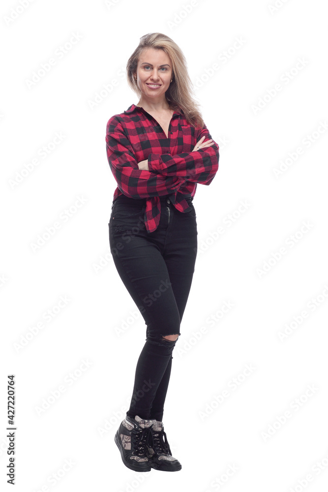 happy young woman in fashionable clothes looking at you. happy young woman in fashionable clothes looking at you.