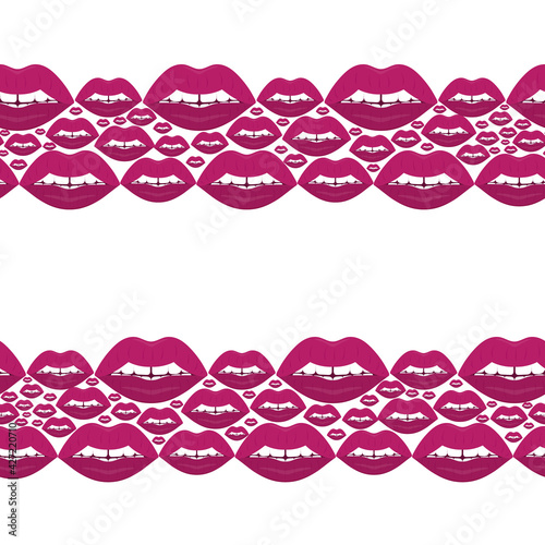 Lips. Kisses. Seductive mouth. Seamless horizontal border. Repeating vector pattern. Endless seductive ornament. Isolated background. Flat style. An even row of teeth with a gap in the middle.