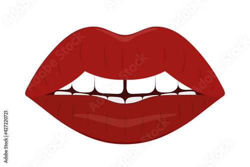 Plump lips. The seductive mouth is slightly open. Colored vector illustration. Flat style. An even row of white teeth with a chink in the middle. Luscious lipstick shade. Isolated white background. 