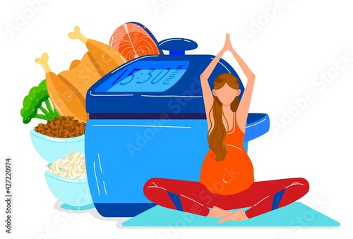 Healthy food, pregnant woman, baked chicken, healthy vegetables, healthy diet, design, cartoon style vector illustration.