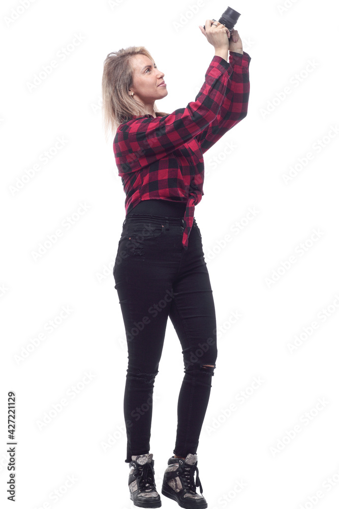 smiling young woman looking through the lens of the camera smiling young woman looking through the lens of the camera