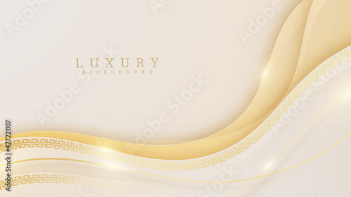 Curve golden line on cream shade background. Luxury realistic concept. 3d paper cut style. Vector illustration for design.