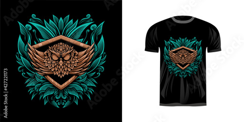 retro illustration owl for tshirt design, badge design character  with engraving ornament
